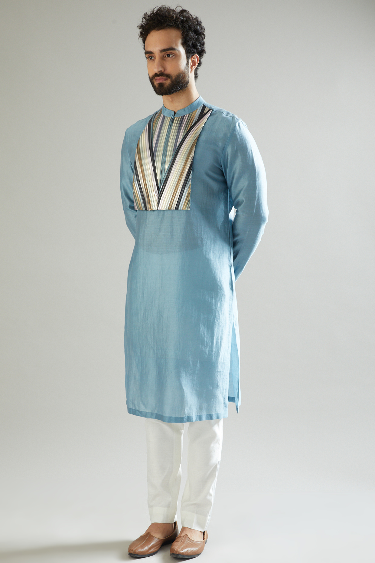 Blue Striped Fabric & Silk Chanderi Kurta Set by Amit Aggarwal Men