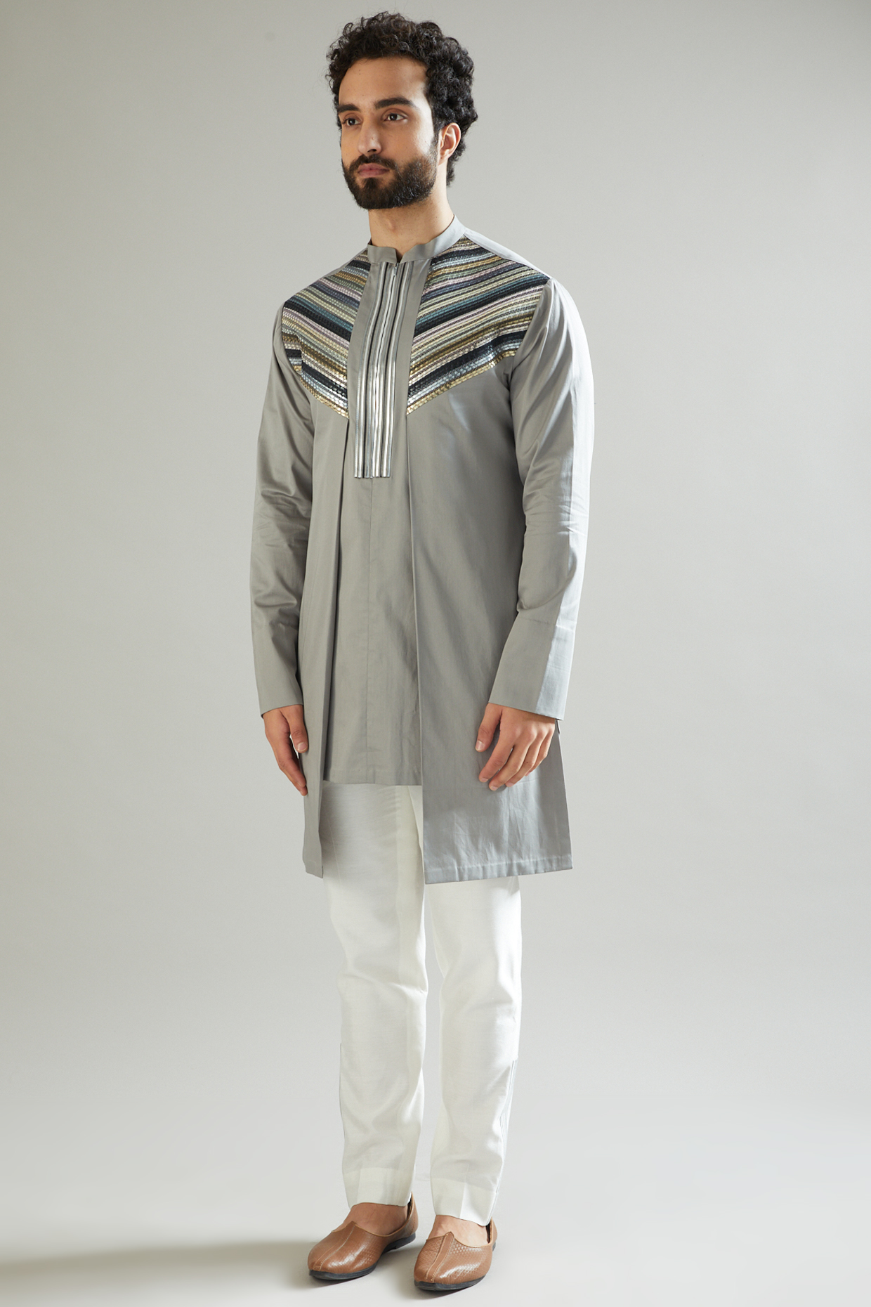 Grey Mesh & Cotton Satin Kurta Set by Amit Aggarwal Men