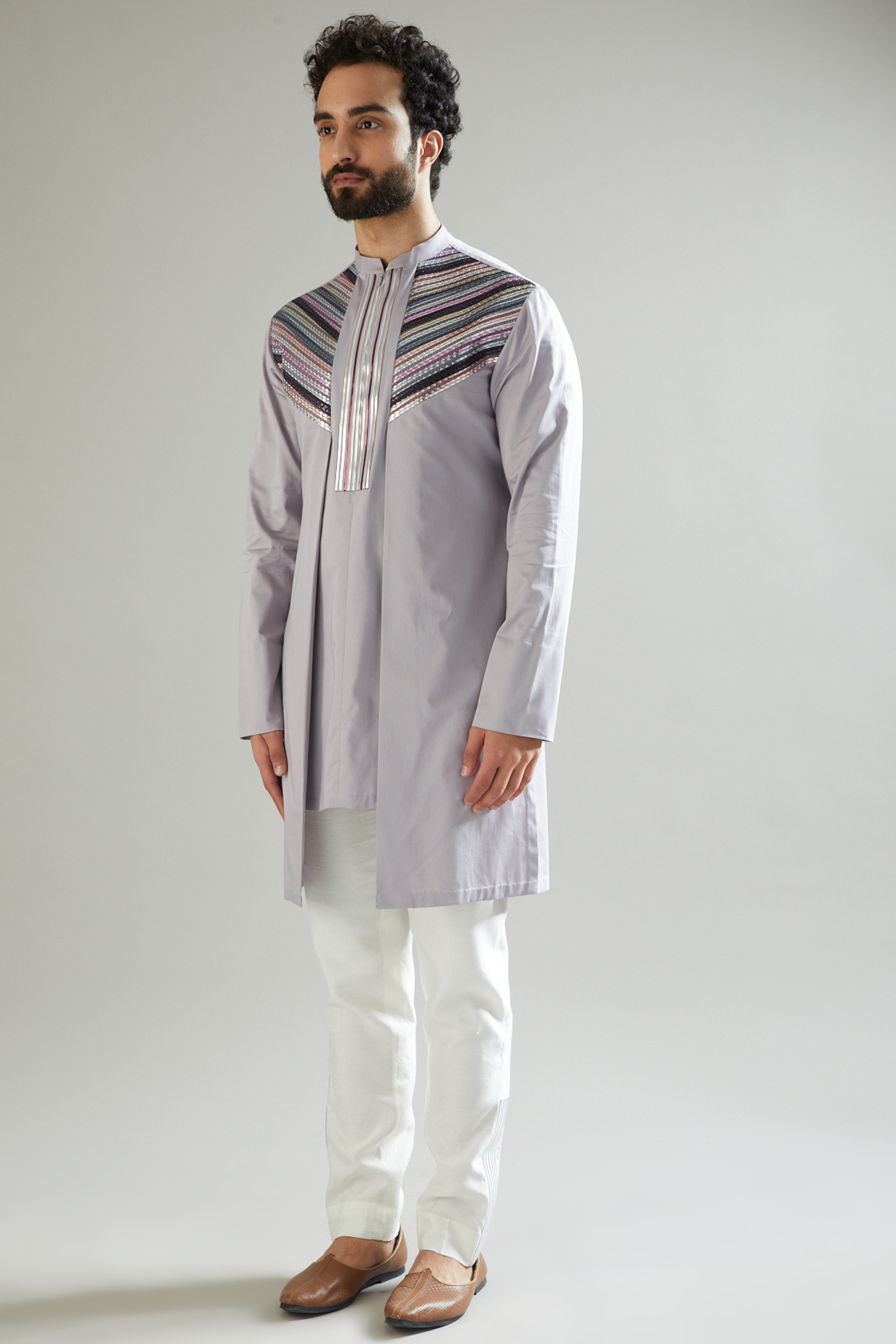 Purple Mesh & Cotton Satin Kurta Set by Amit Aggarwal Men