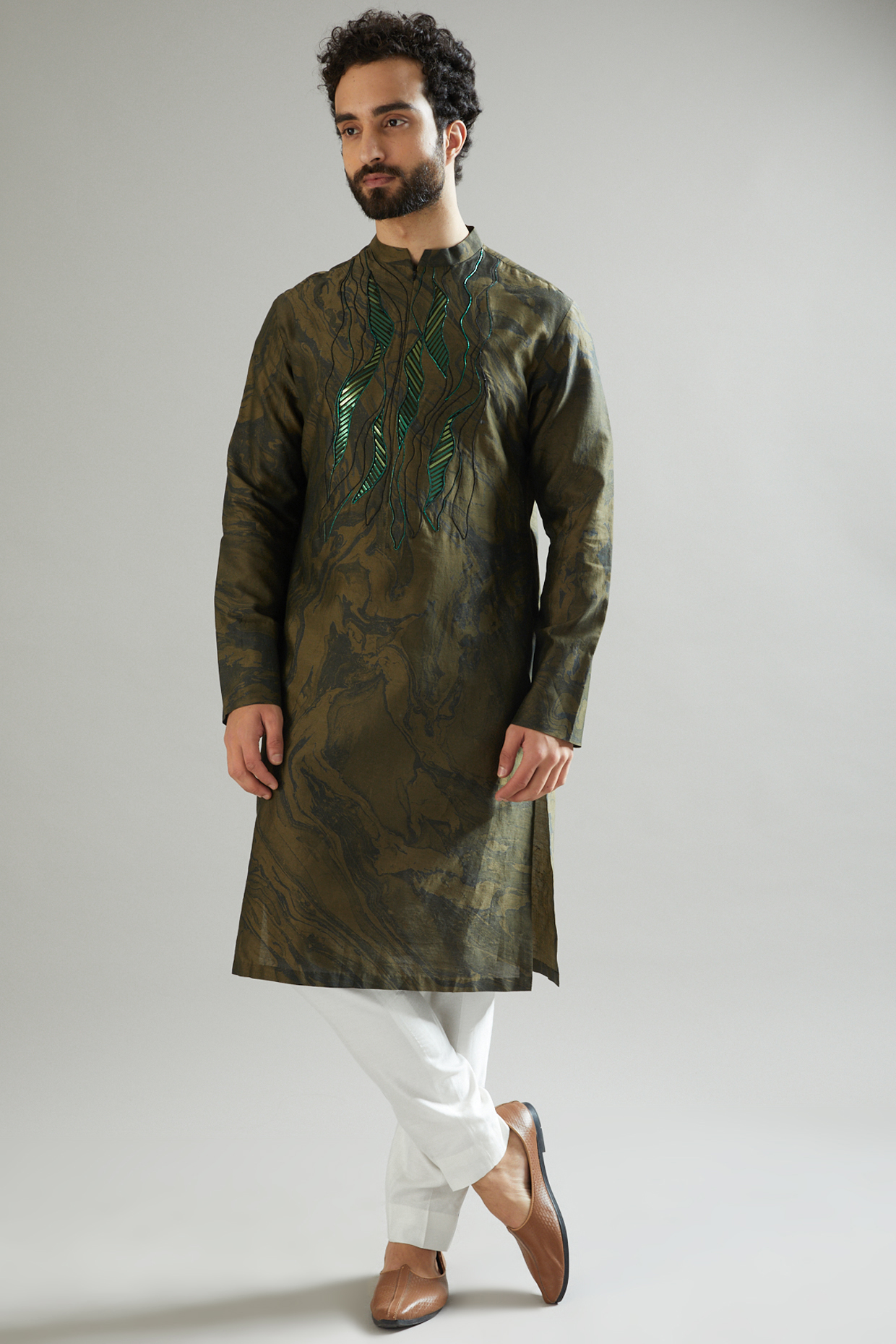 Olive Green Embroidered Kurta Set by Amit Aggarwal Men at Pernia's Pop Up Shop