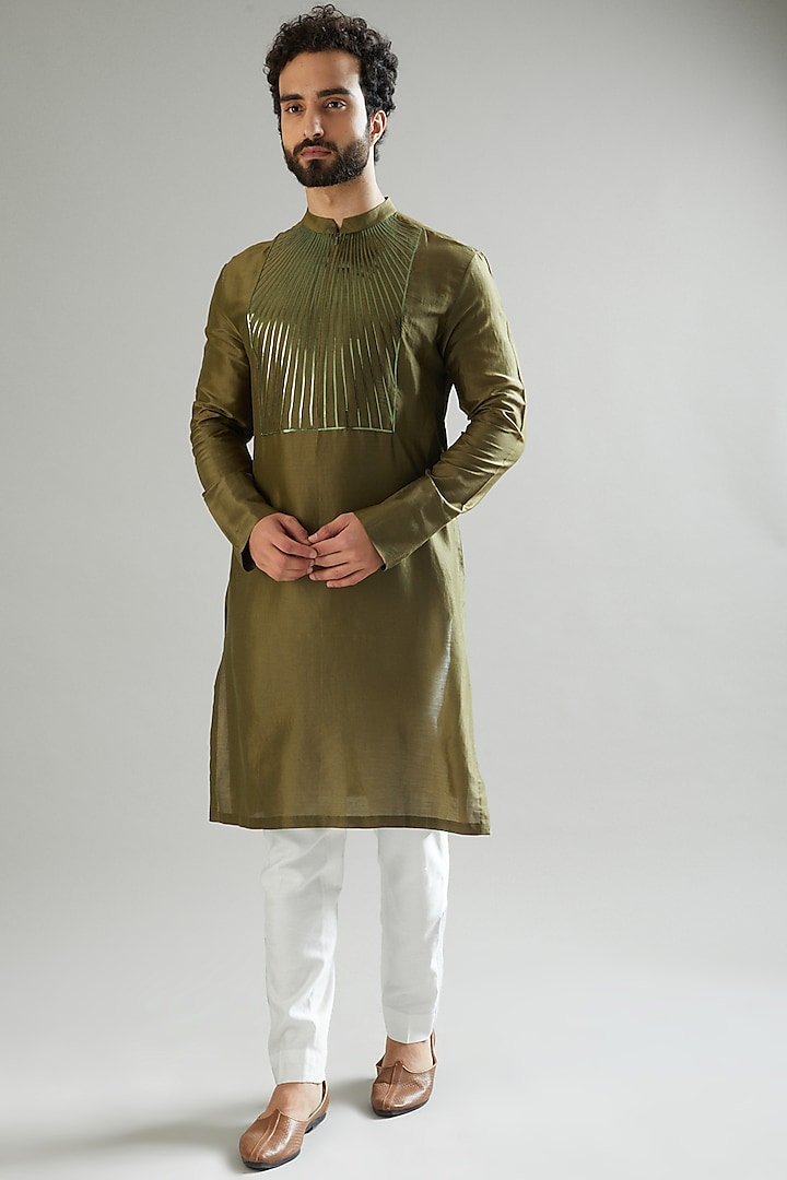 Olive Green Silk Chanderi Kurta by Amit Aggarwal Men
