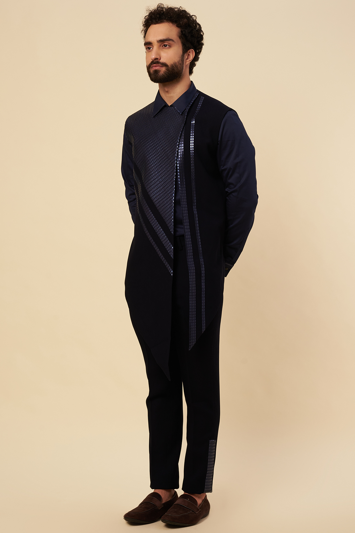 Blue Stretch Crepe Hand Woven Waistcoat Set by Amit Aggarwal Men at Pernia's Pop Up Shop
