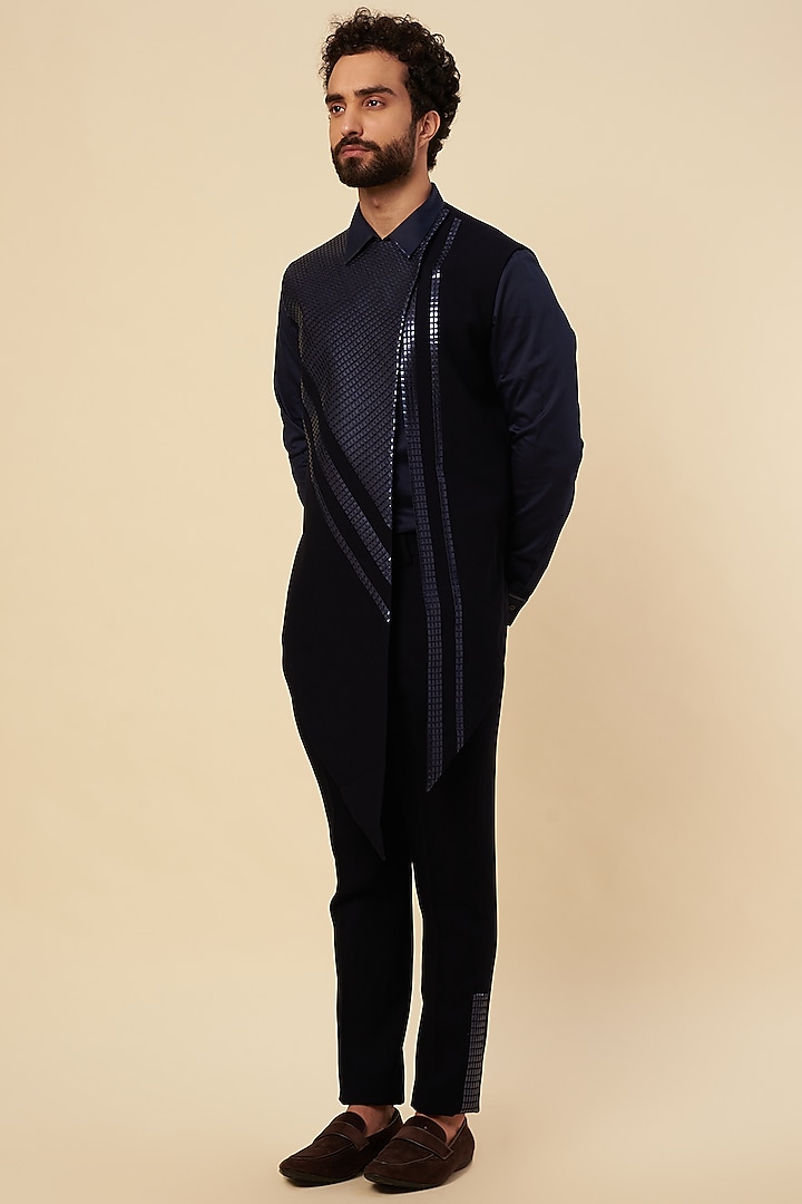 Blue Stretch Crepe Hand Woven Waistcoat Set by Amit Aggarwal Men at Pernia's Pop Up Shop