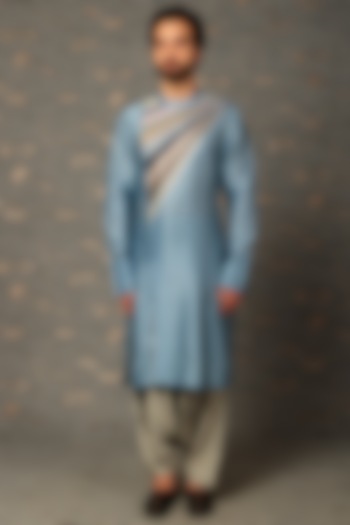 Blue Silk Chanderi Kurta Set by Amit Aggarwal Men