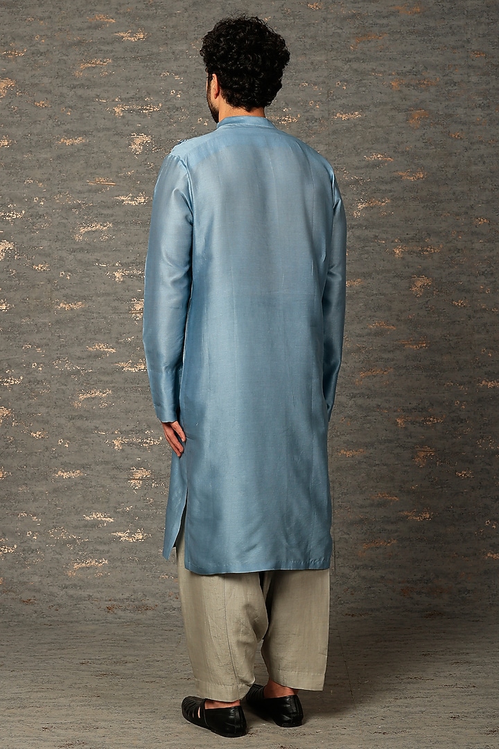 Blue Silk Chanderi Kurta Set by Amit Aggarwal Men at Pernia's Pop Up Shop