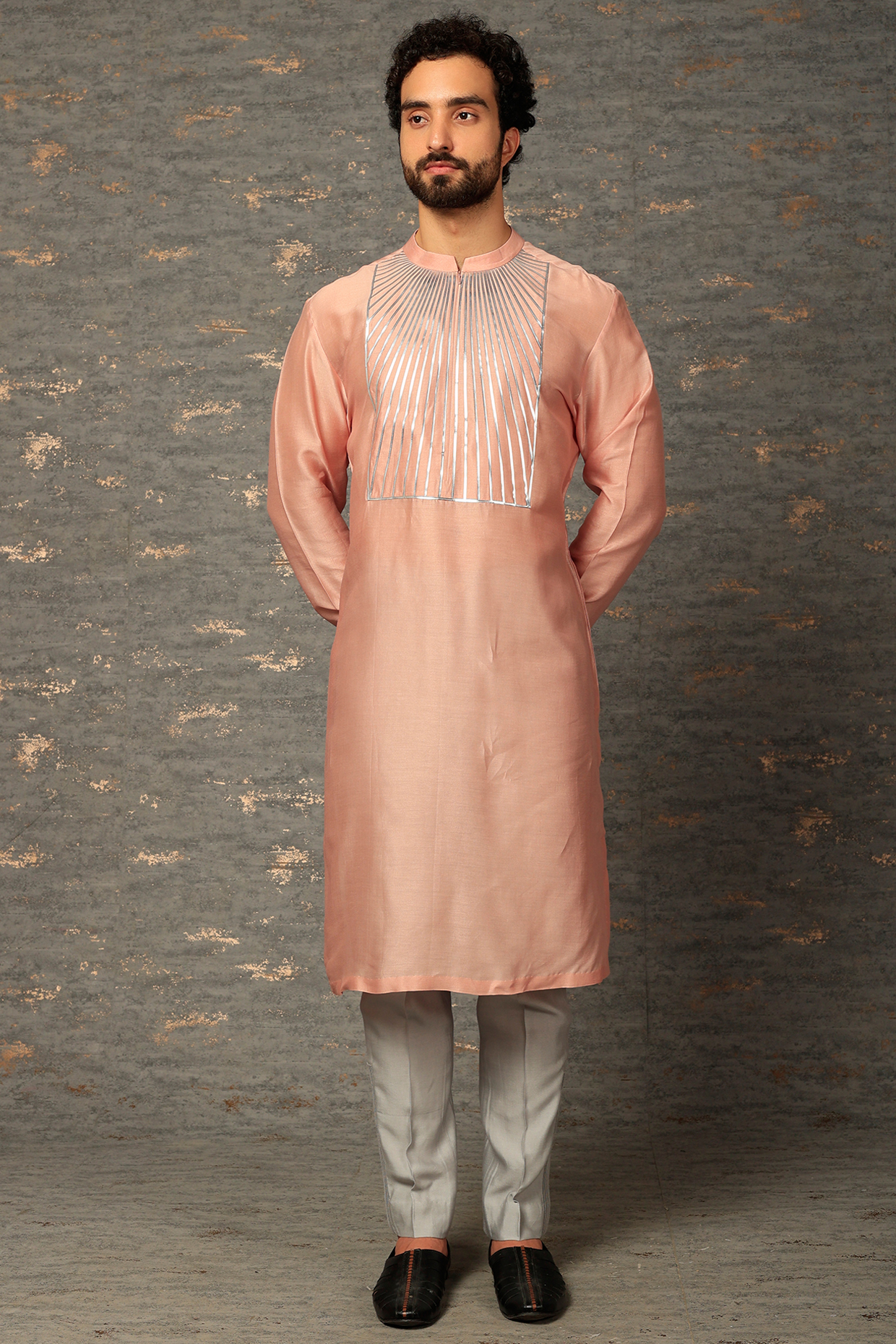 Pink Silk Chanderi Metallic Kurta by Amit Aggarwal Men