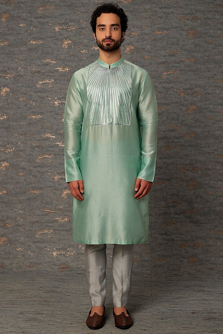 Mint Green Silk Chanderi Kurta by Amit Aggarwal Men at Pernia's Pop Up Shop