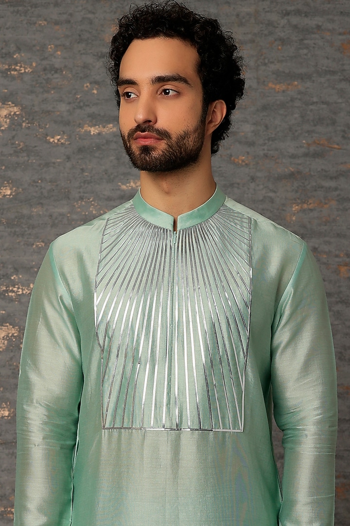 Mint Green Silk Chanderi Kurta by Amit Aggarwal Men at Pernia's Pop Up Shop