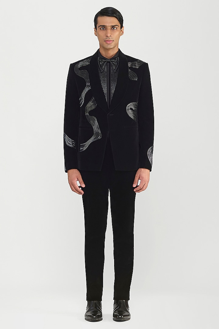 Black Velvet Glass Beaded Tuxedo Set by Amit Aggarwal Men at Pernia's Pop Up Shop