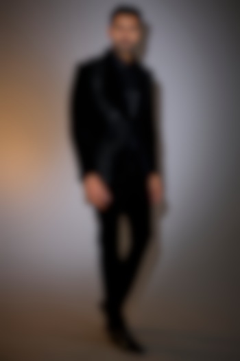 Black Velvet Glass Beads Embroidered Tuxedo Set by Amit Aggarwal Men