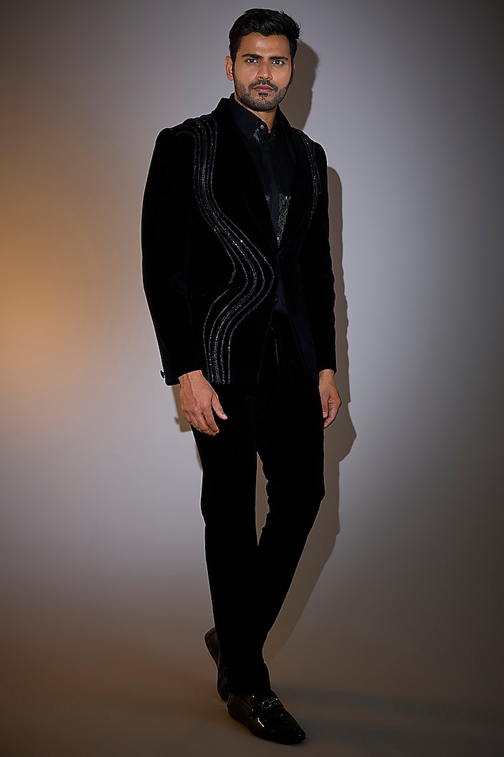 Black Velvet Glass Beads Embroidered Tuxedo Set by Amit Aggarwal Men
