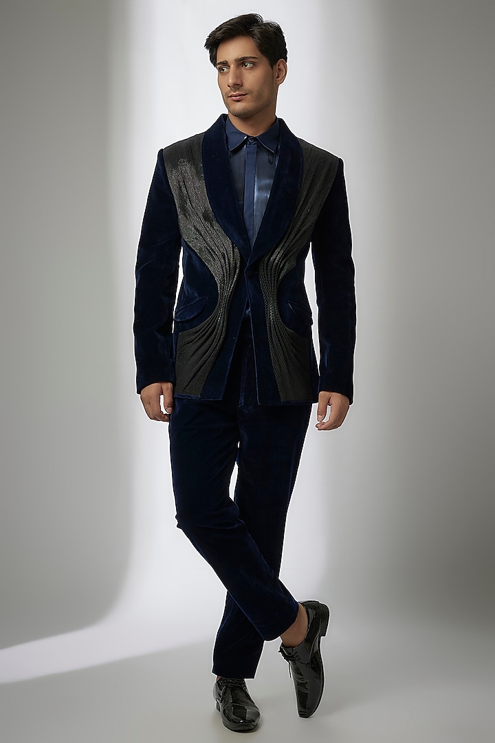 Navy Blue Suiting Tuxedo Set by Amit Aggarwal Men
