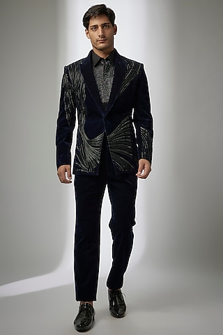 Ink Blue Suiting Tuxedo Set by Amit Aggarwal Men