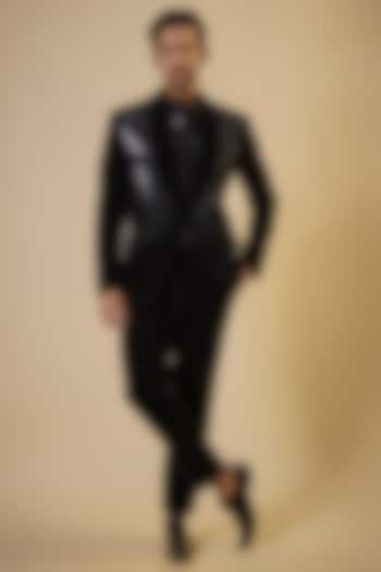 Black Velvet & Polyester Metallic Tuxedo Set by Amit Aggarwal Men at Pernia's Pop Up Shop