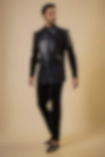 Black Velvet Metallic Structured Bandhgala Set by Amit Aggarwal Men at Pernia's Pop Up Shop