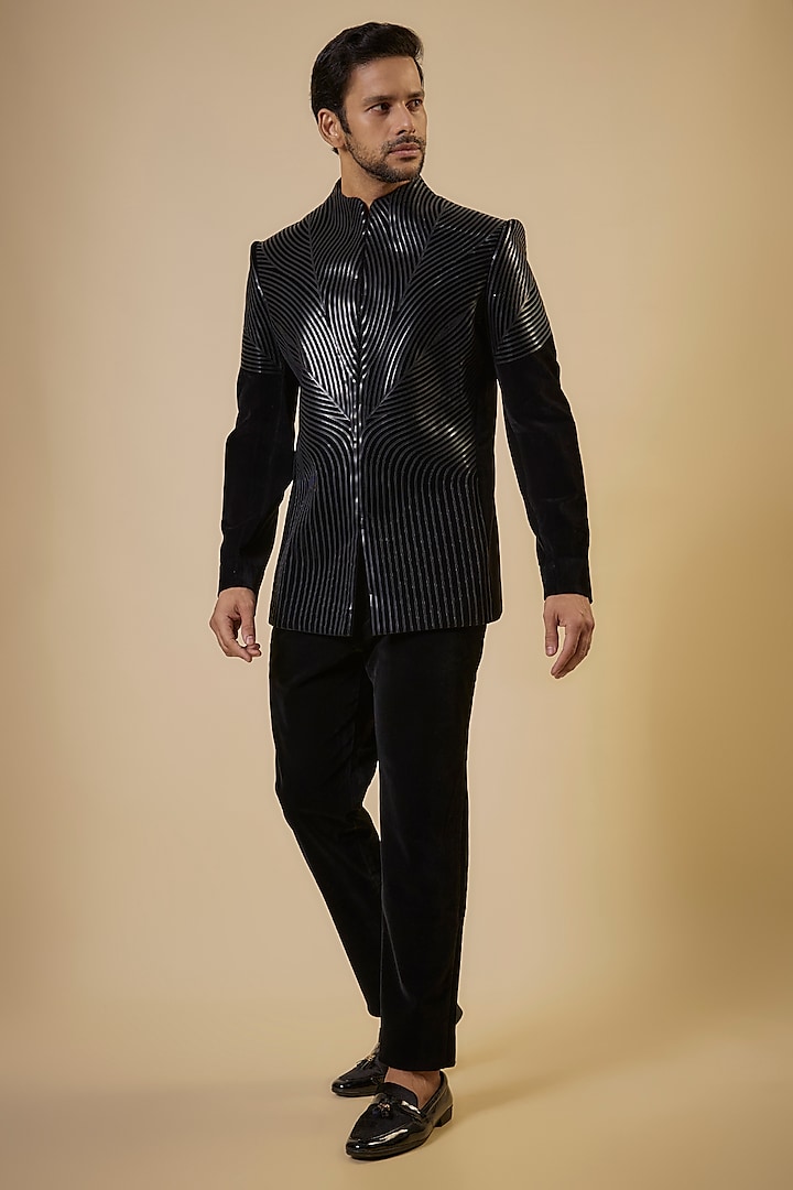 Black Velvet Metallic Structured Bandhgala Set by Amit Aggarwal Men at Pernia's Pop Up Shop
