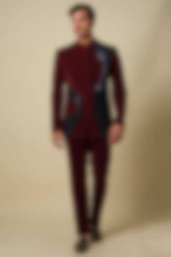 Plum Velvet Hand Woven Bandhgala Set by Amit Aggarwal Men
