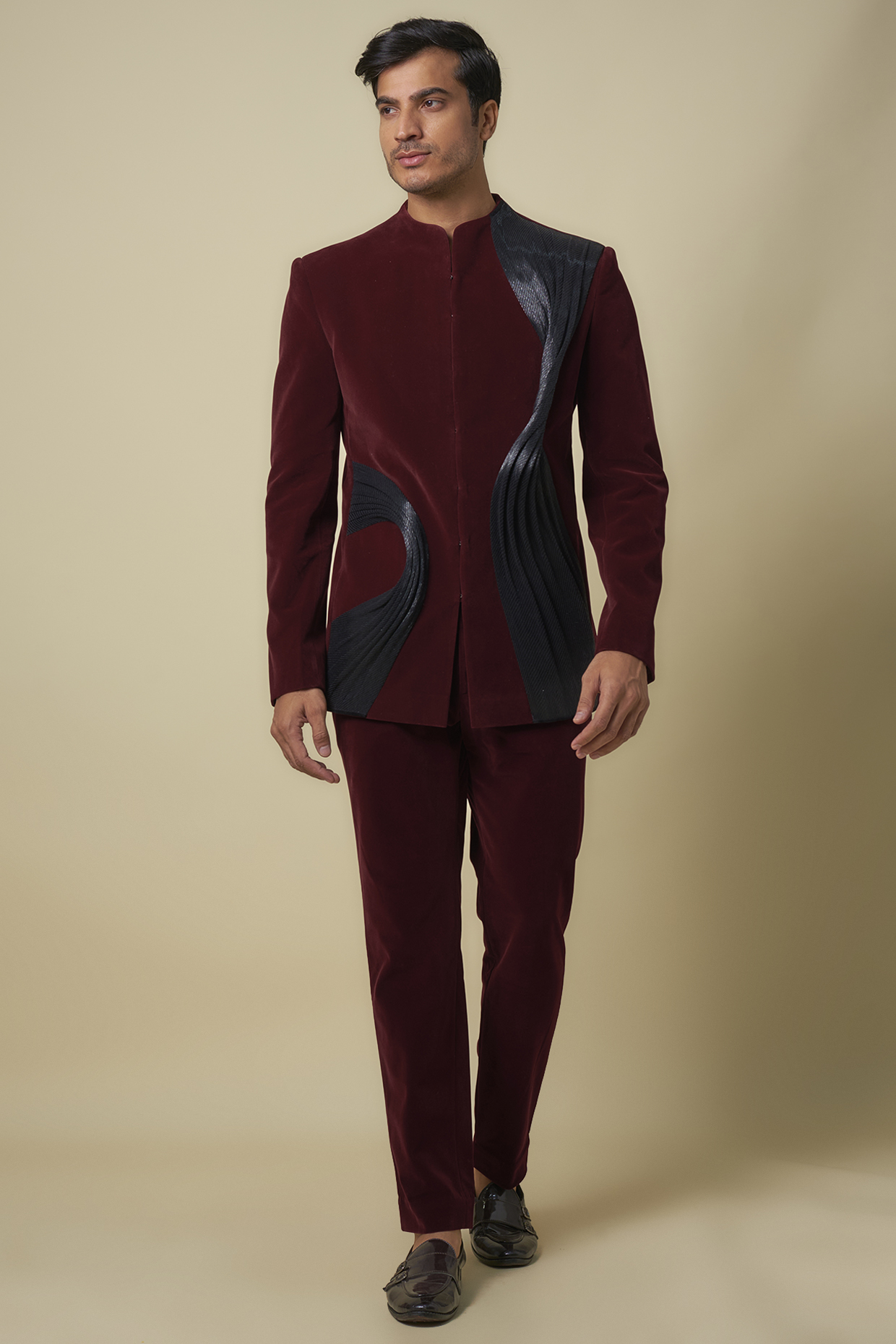 Plum Velvet Hand Woven Bandhgala Set by Amit Aggarwal Men