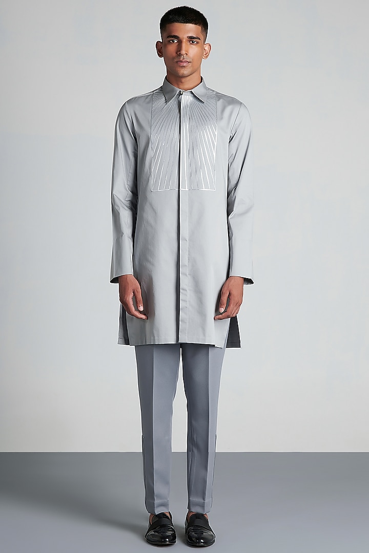 Grey Satin Longline Shirt by Amit Aggarwal Men