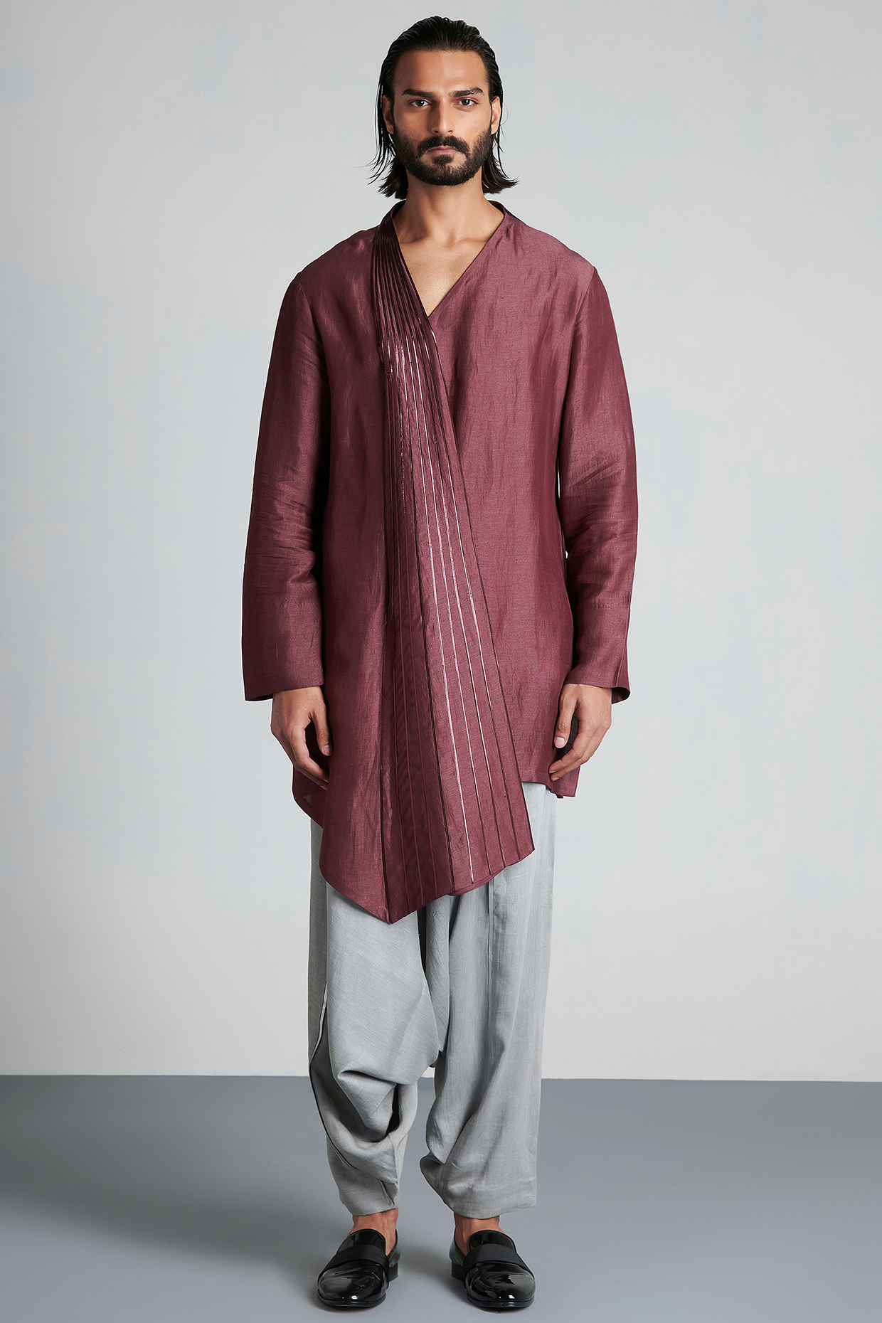 Light Plum Metallic Asymmetric Kurta by Amit Aggarwal Men at Pernia's Pop Up Shop