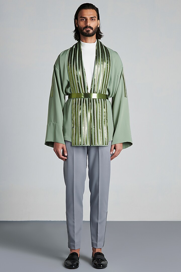 Mint Crepe Handwoven Kimono Jacket by Amit Aggarwal Men at Pernia's Pop Up Shop