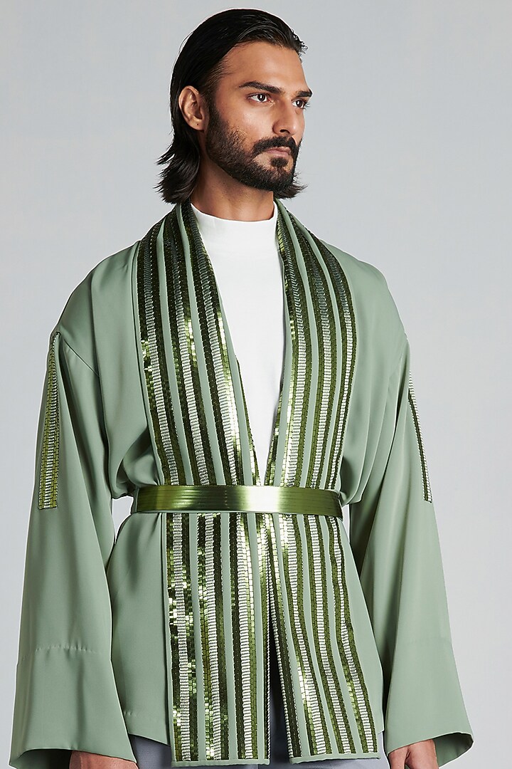 Mint Crepe Handwoven Kimono Jacket by Amit Aggarwal Men at Pernia's Pop Up Shop