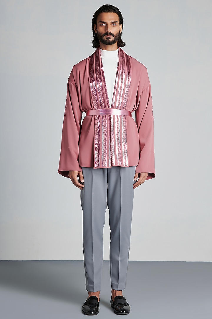 Blush Pink Handwoven Kimono Jacket by Amit Aggarwal Men