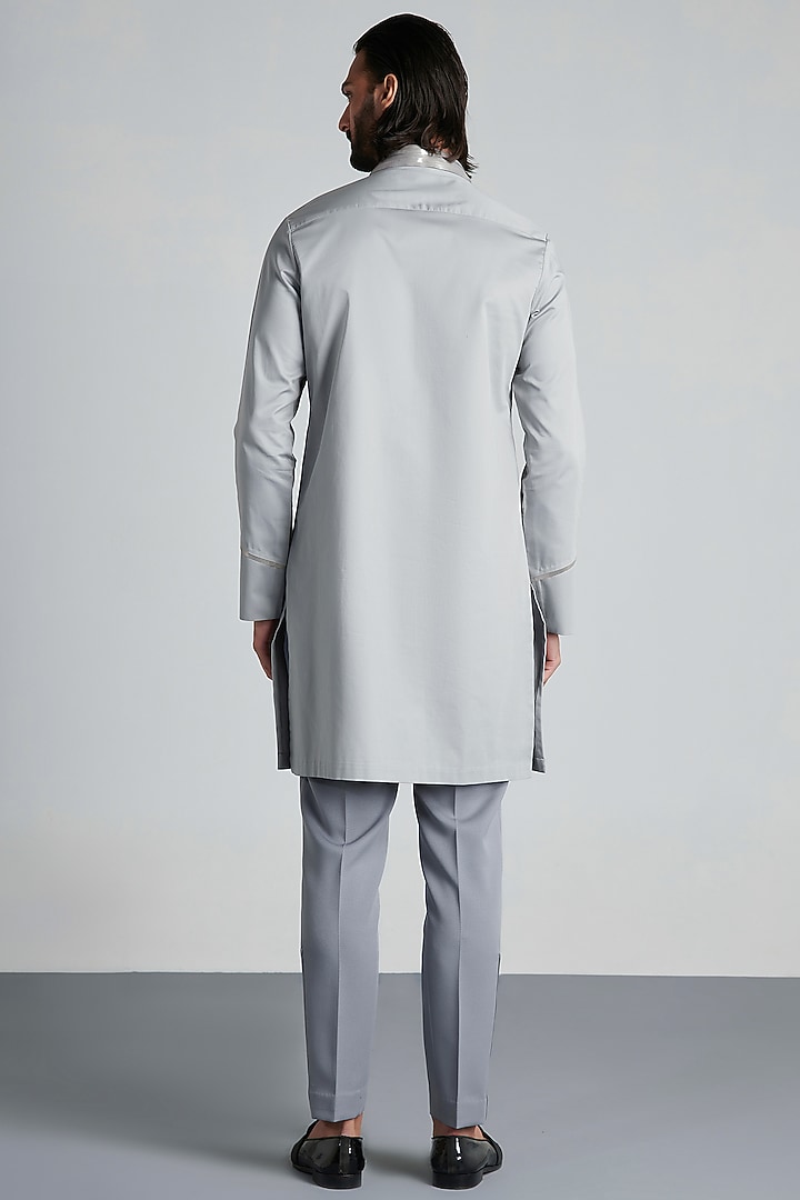 Grey Cotton Satin Metallic Polymer Kurta by Amit Aggarwal Men at Pernia's Pop Up Shop