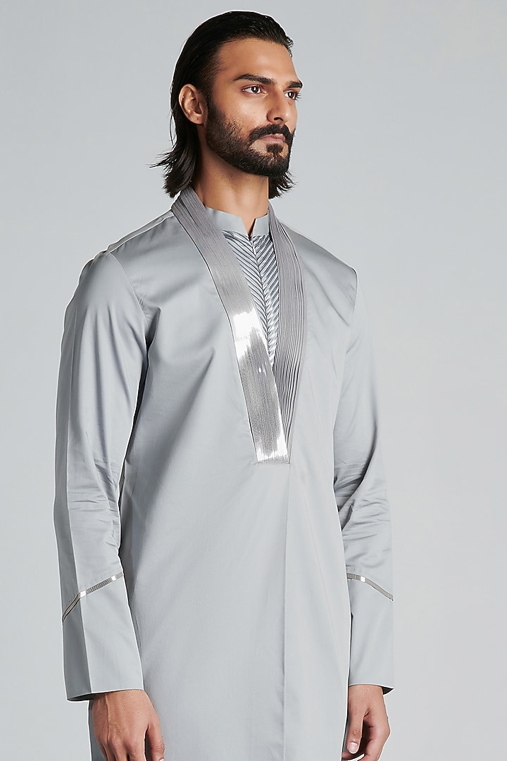 Grey Cotton Satin Metallic Polymer Kurta by Amit Aggarwal Men at Pernia's Pop Up Shop
