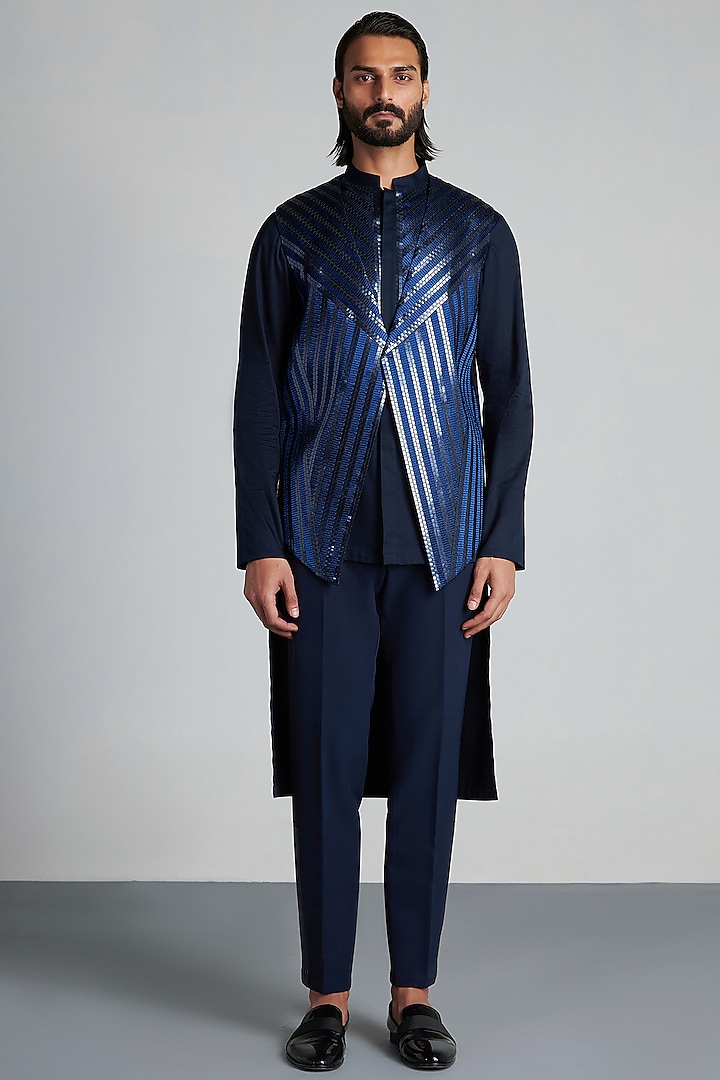 Ink Blue Handwoven Waistcoat Set by Amit Aggarwal Men