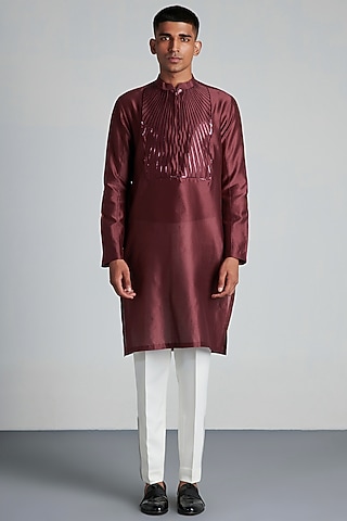 Light Plum Silk & Chanderi Kurta by Amit Aggarwal Men