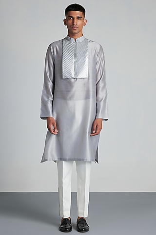 Grey Silk & Chanderi Handwoven Kurta by Amit Aggarwal Men