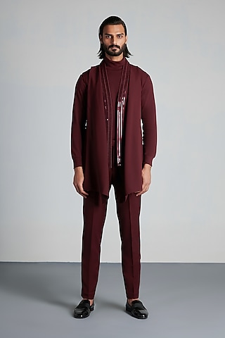 Plum Stretch Satin Hand Woven Draped Waistcoat Set by Amit Aggarwal Men