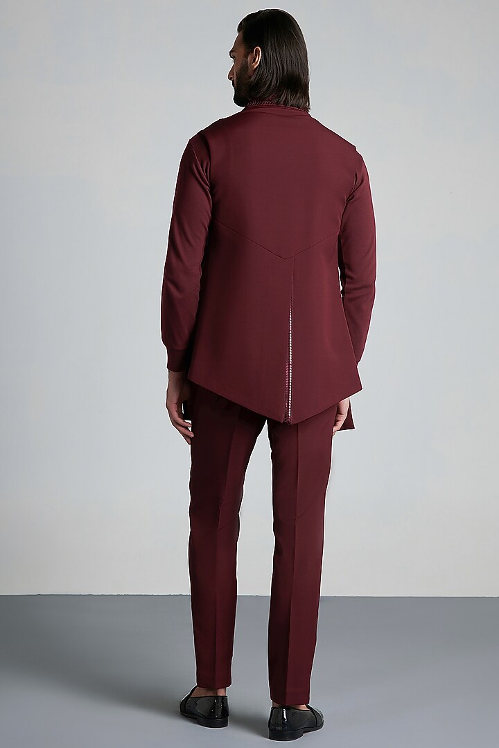 Plum Stretch Satin Hand Woven Draped Waistcoat Set by Amit Aggarwal Men at Pernia's Pop Up Shop