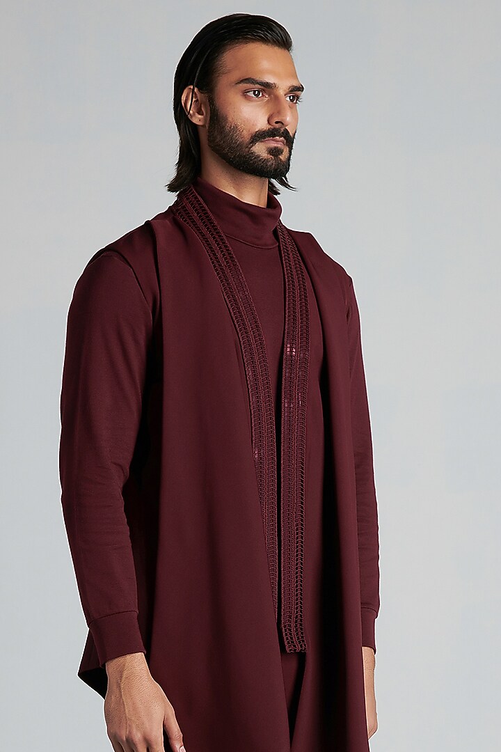 Plum Stretch Satin Hand Woven Draped Waistcoat Set by Amit Aggarwal Men at Pernia's Pop Up Shop