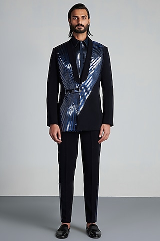 Ink Blue Metallic Polymer Handwoven Tuxedo Set by Amit Aggarwal Men