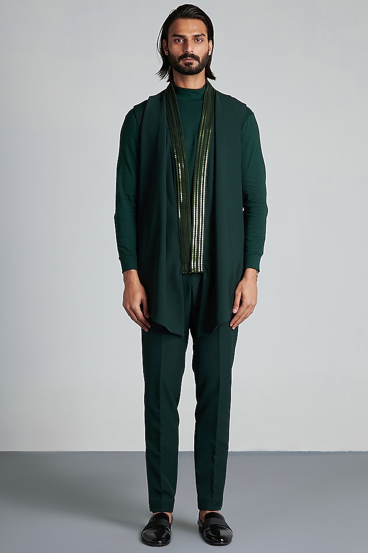 Green Handwoven Waistcoat Set by Amit Aggarwal Men