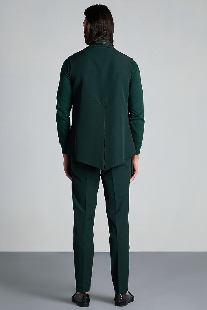 Green Stretch Satin Hand Woven Draped Waistcoat Set by Amit Aggarwal Men at Pernia's Pop Up Shop