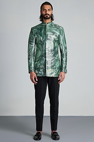 Emerald Mesh Fabric Handwoven Bandhgala Set by Amit Aggarwal Men