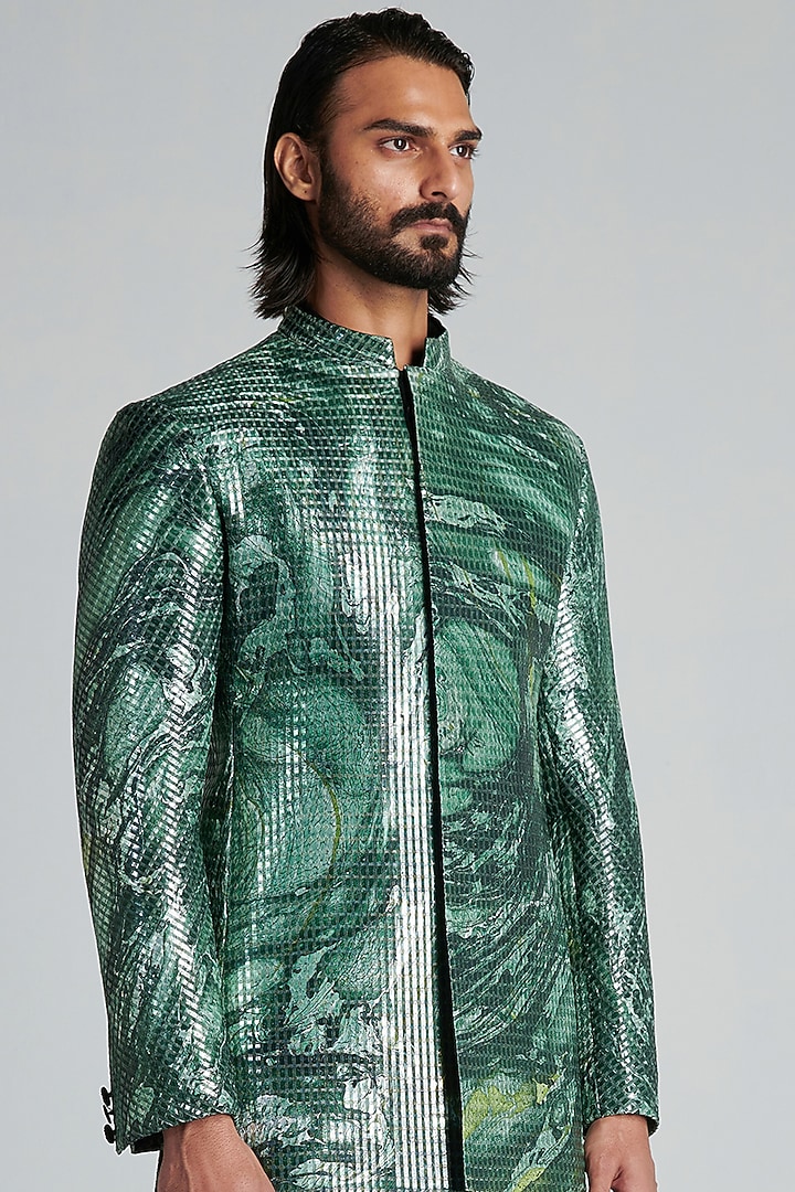 Emerald Mesh Fabric Handwoven Groom Bandhgala Set by Amit Aggarwal Men at Pernia's Pop Up Shop