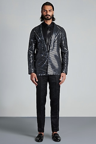 Black Chanderi Embroidered Handwoven Tuxedo Set by Amit Aggarwal Men