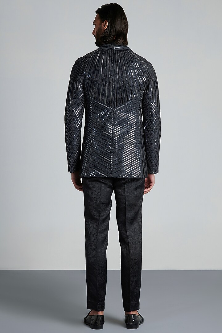 Black Chanderi Embroidered Handwoven Tuxedo Set by Amit Aggarwal Men at Pernia's Pop Up Shop