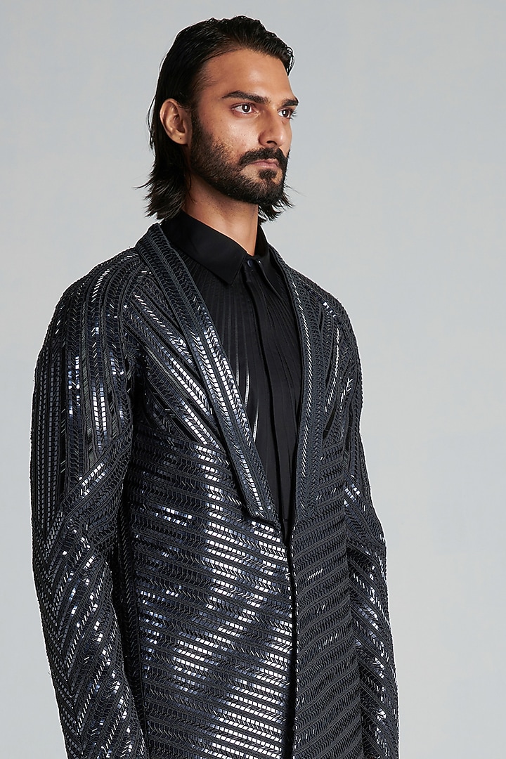 Black Chanderi Embroidered Handwoven Tuxedo Set by Amit Aggarwal Men at Pernia's Pop Up Shop