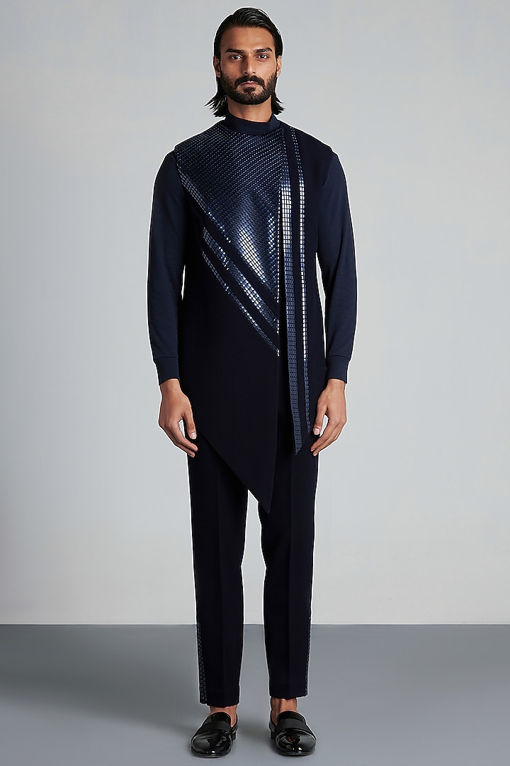 Ink Blue Stretch Satin Handwoven Asymmetric Waistcoat Set by Amit Aggarwal Men at Pernia's Pop Up Shop