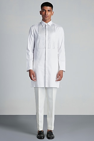 White Cotton Longline Shirt by Amit Aggarwal Men