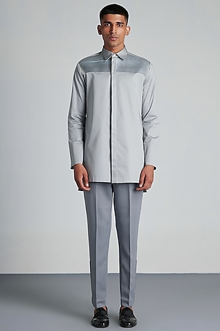 Grey Cotton Longline Shirt by Amit Aggarwal Men