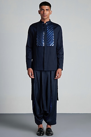 Ink Blue Cotton Satin Handwoven Shirt by Amit Aggarwal Men