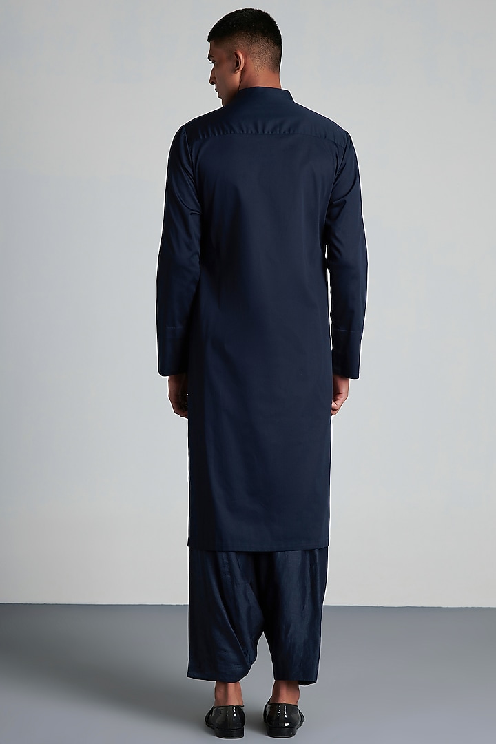 Ink Blue Cotton Satin Handwoven Wedding Shirt by Amit Aggarwal Men at Pernia's Pop Up Shop