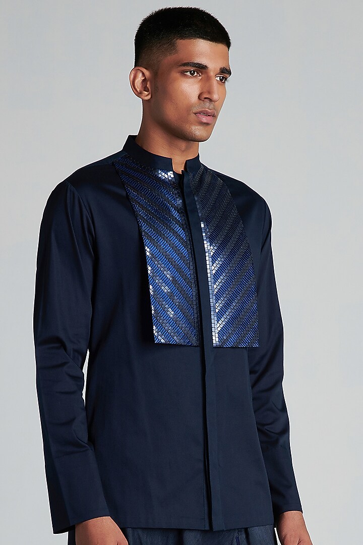 Ink Blue Cotton Satin Handwoven Wedding Shirt by Amit Aggarwal Men at Pernia's Pop Up Shop