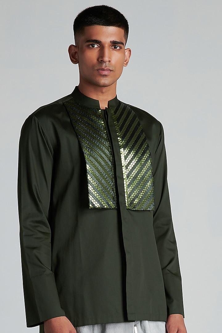 Olive Green Cotton Satin Structured Longline Wedding Shirt by Amit Aggarwal Men at Pernia's Pop Up Shop